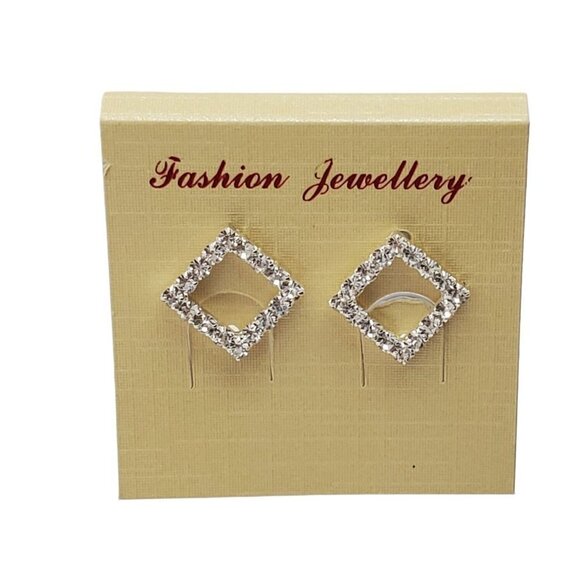 925 Silver Square Frame Rhinestone Post Earrings - Picture 4 of 5
